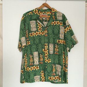 Banana Jack Mens Hawaiian Button Shirt Large Green Hula Dancers Tiki Flowers